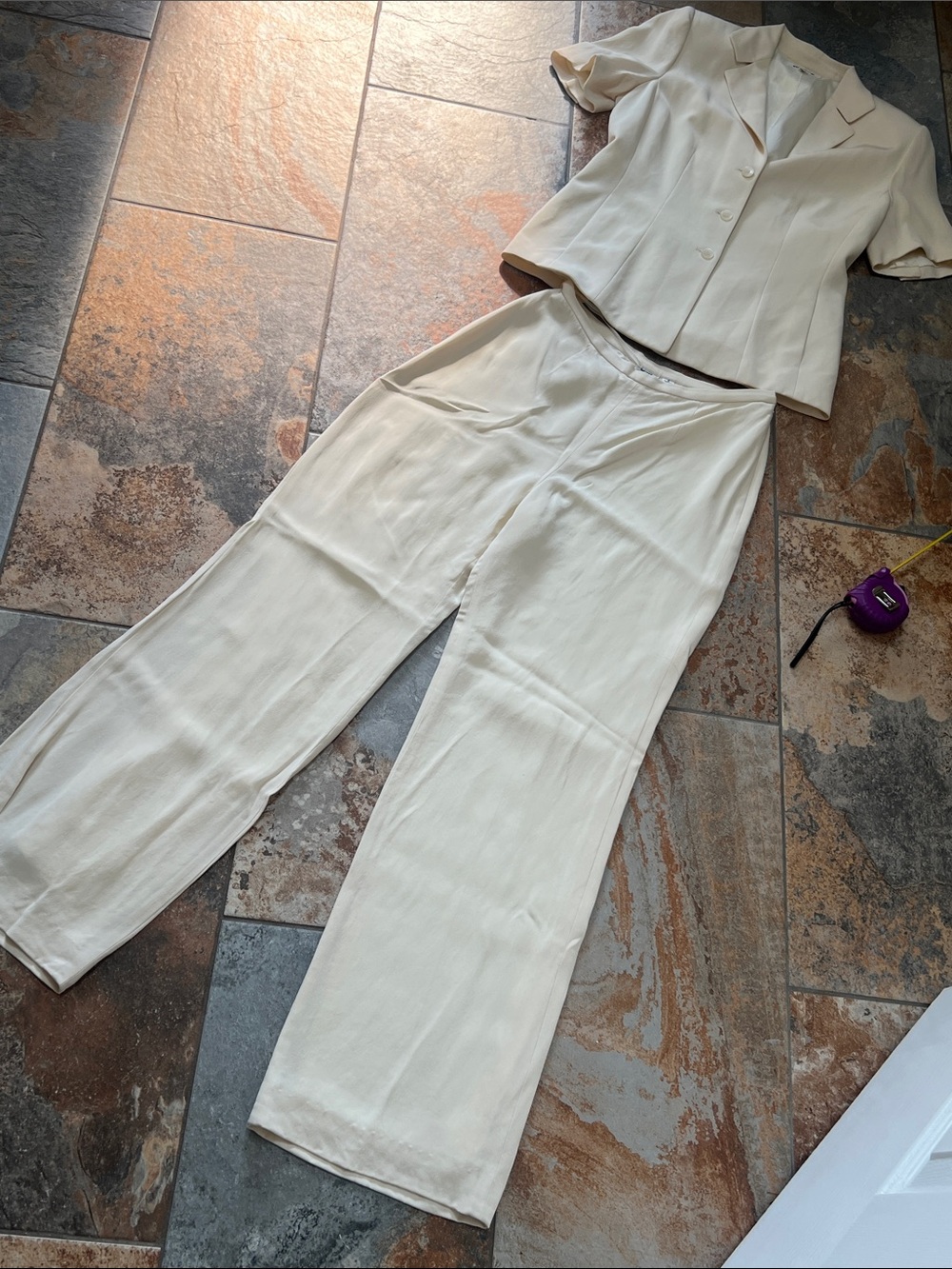 Kasper Cream Wide-Leg Trousers and short sleeve silk set